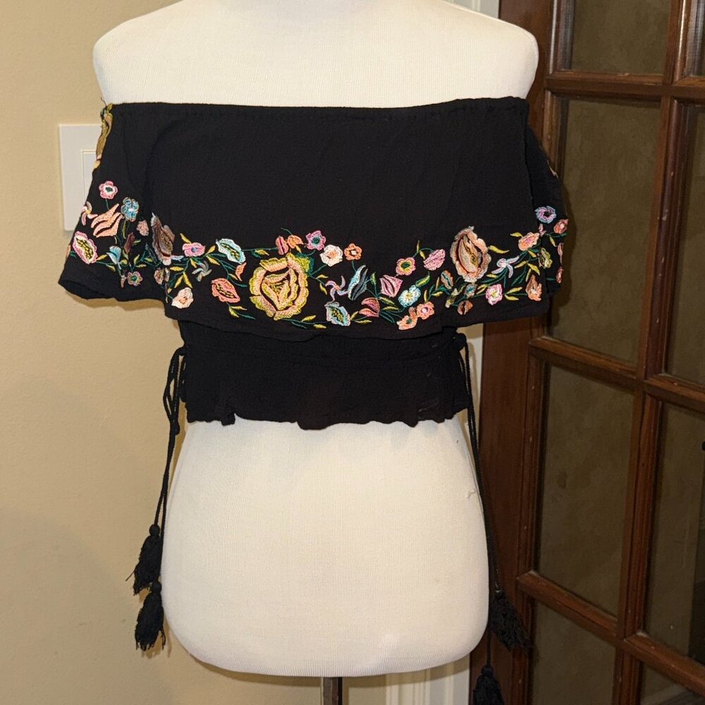 Luxxel Embroidered Crop Top Off Shoulder